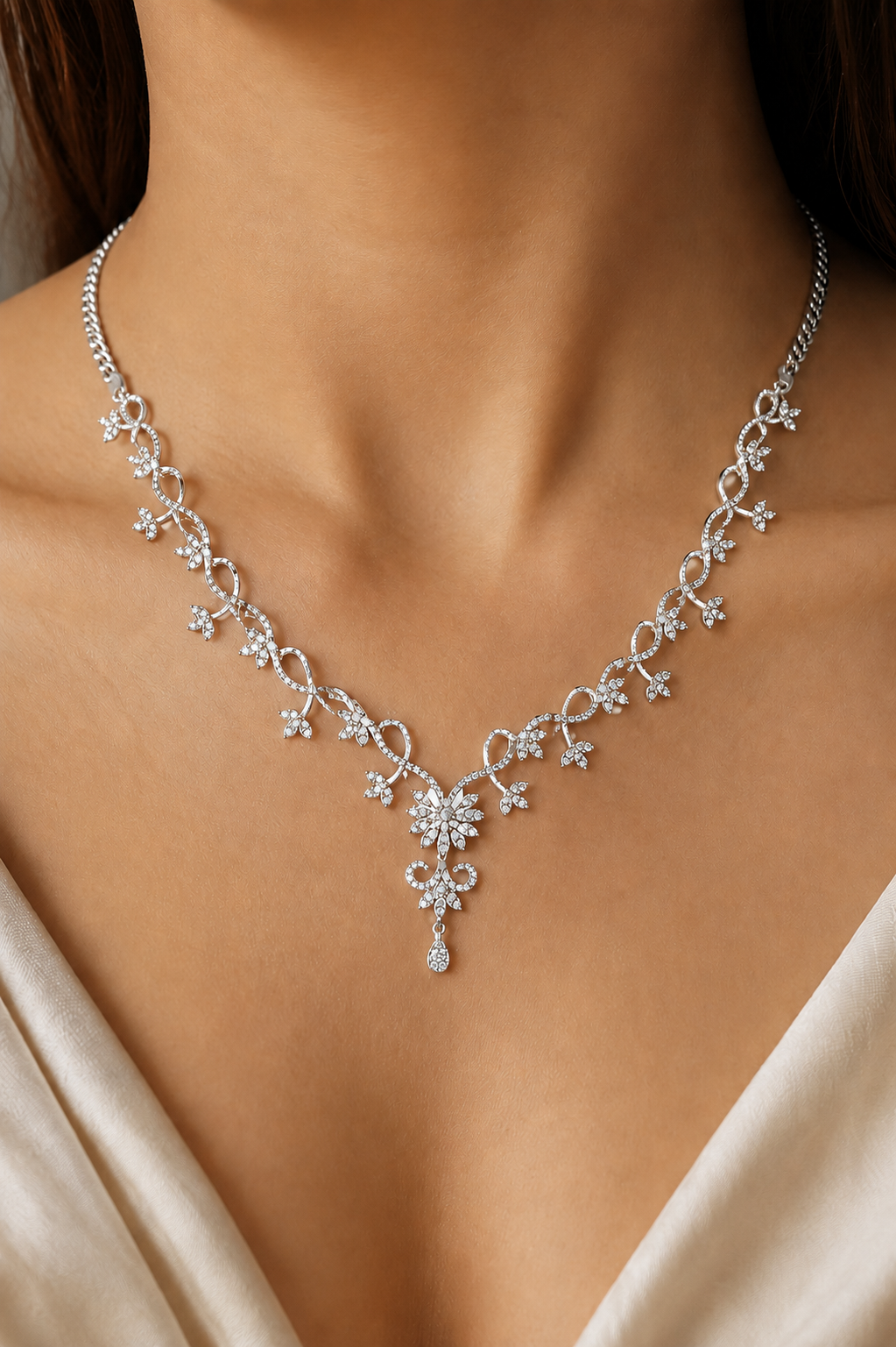 Lab Grown Diamond Floral Silver Vine Necklace | Bridal Wedding Jewelry Gift