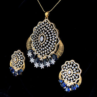 Luxury Blue Stone Bridal Jewelry Set, Pendant Necklace Earrings, Lab Grown Diamonds