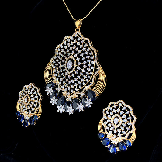 Luxury Blue Stone Bridal Jewelry Set, Pendant Necklace Earrings, Lab Grown Diamonds
