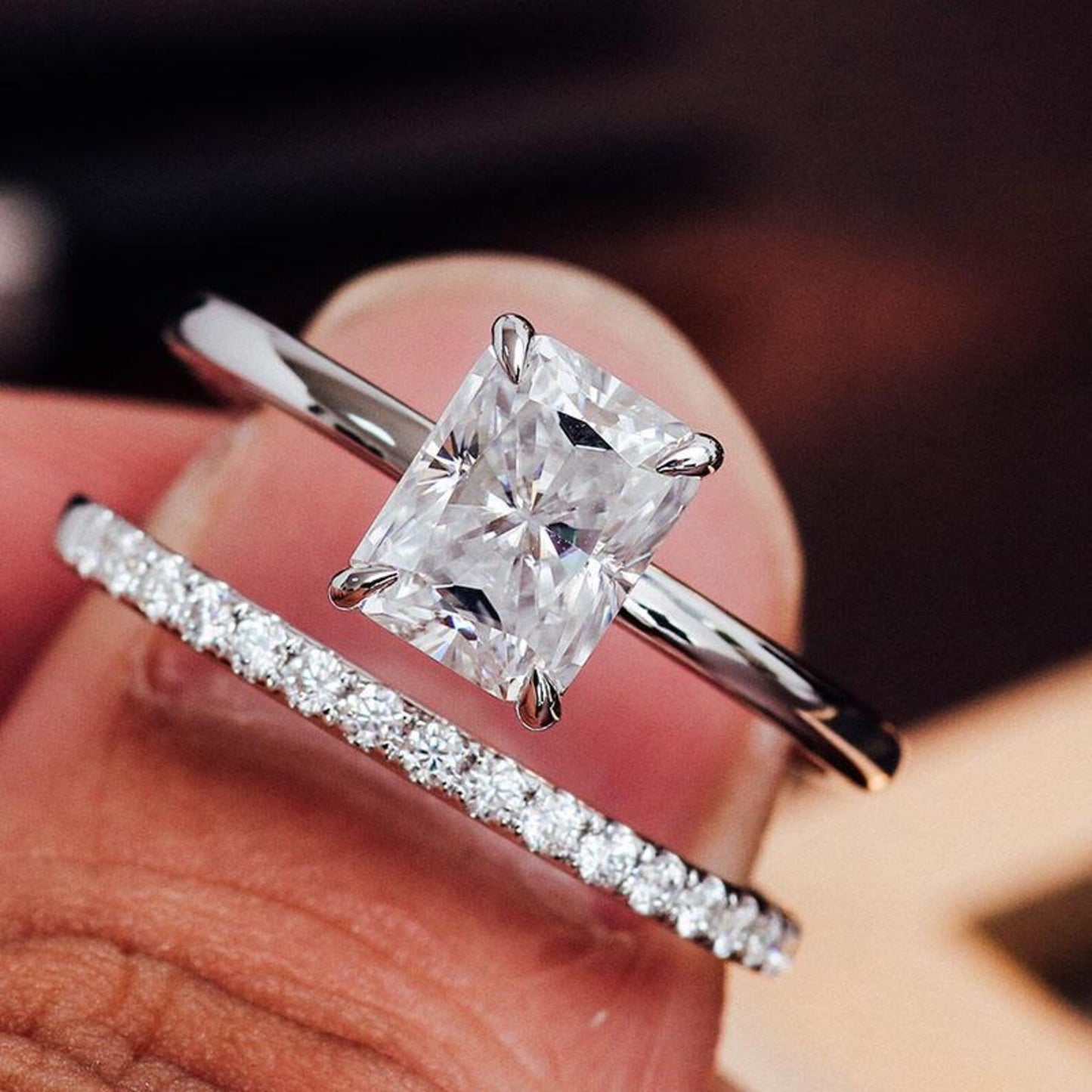Emerald Cut Moissanite Bridal Ring, Diamond Accent Engagement Ring