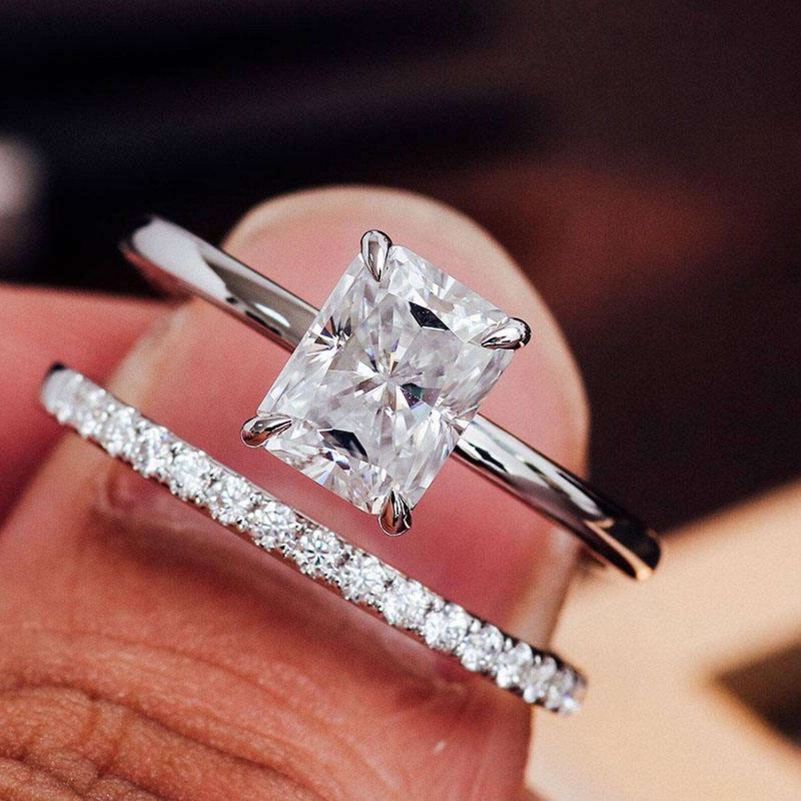 Emerald Cut Moissanite Bridal Ring, Diamond Accent Engagement Ring