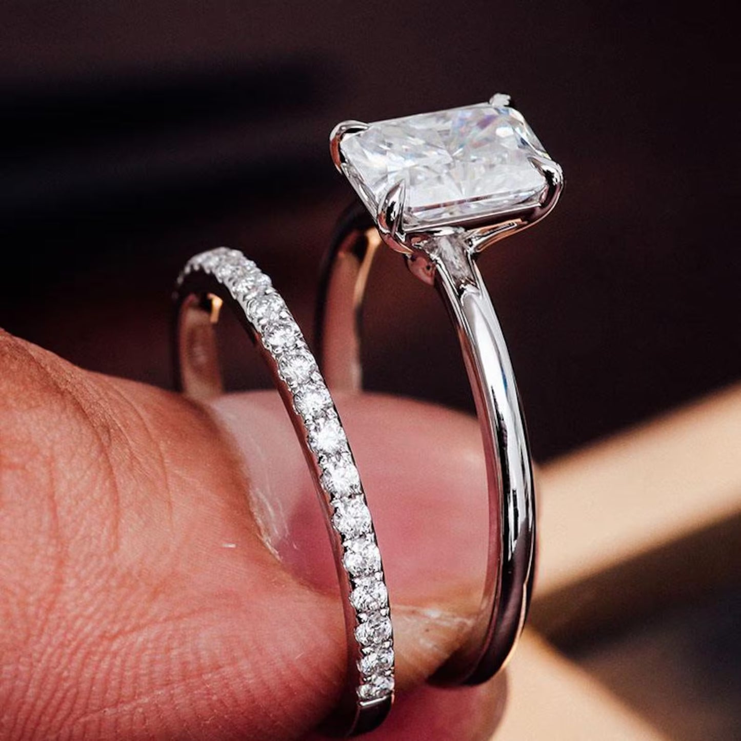Emerald Cut Moissanite Bridal Ring, Diamond Accent Engagement Ring