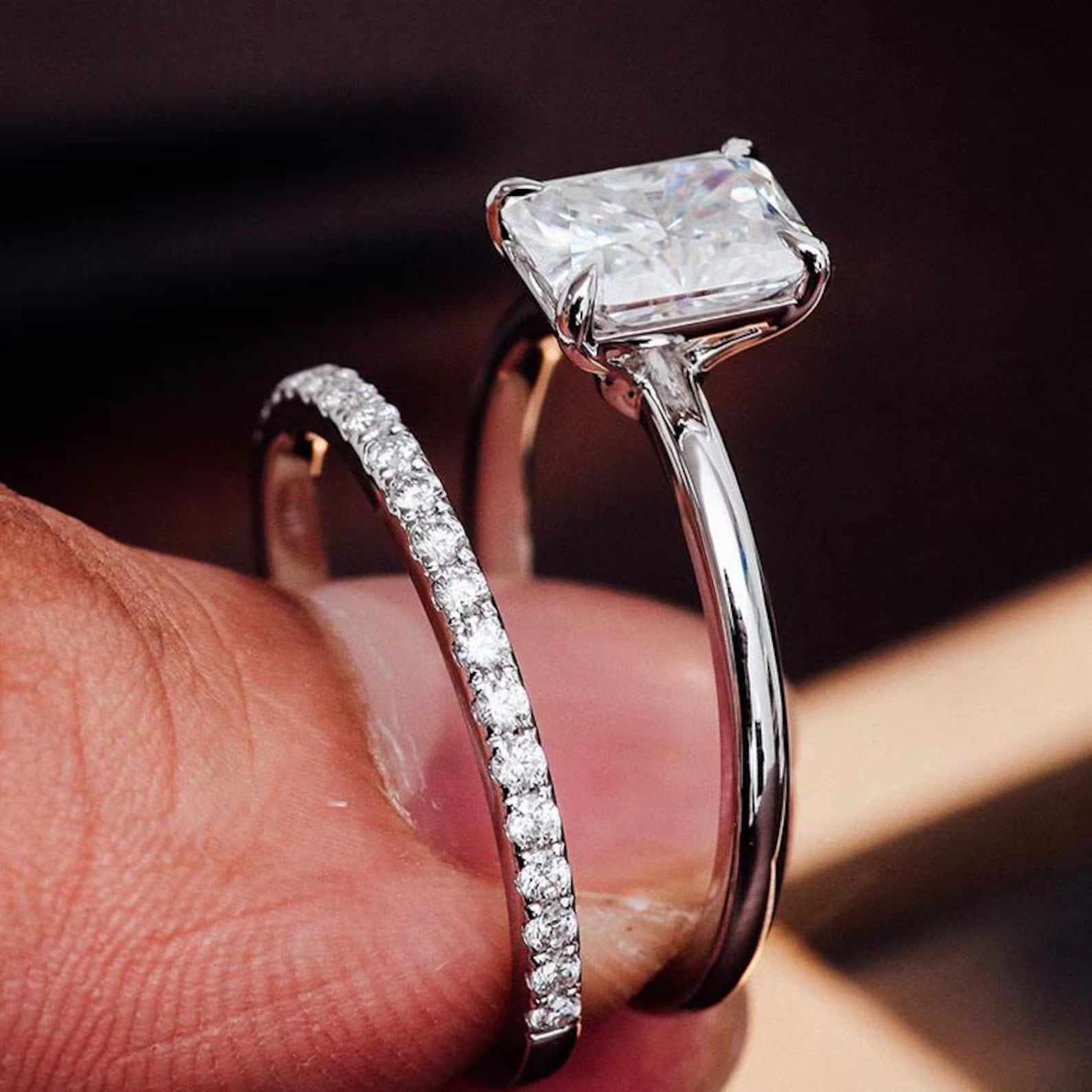 Emerald Cut Moissanite Bridal Ring, Diamond Accent Engagement Ring