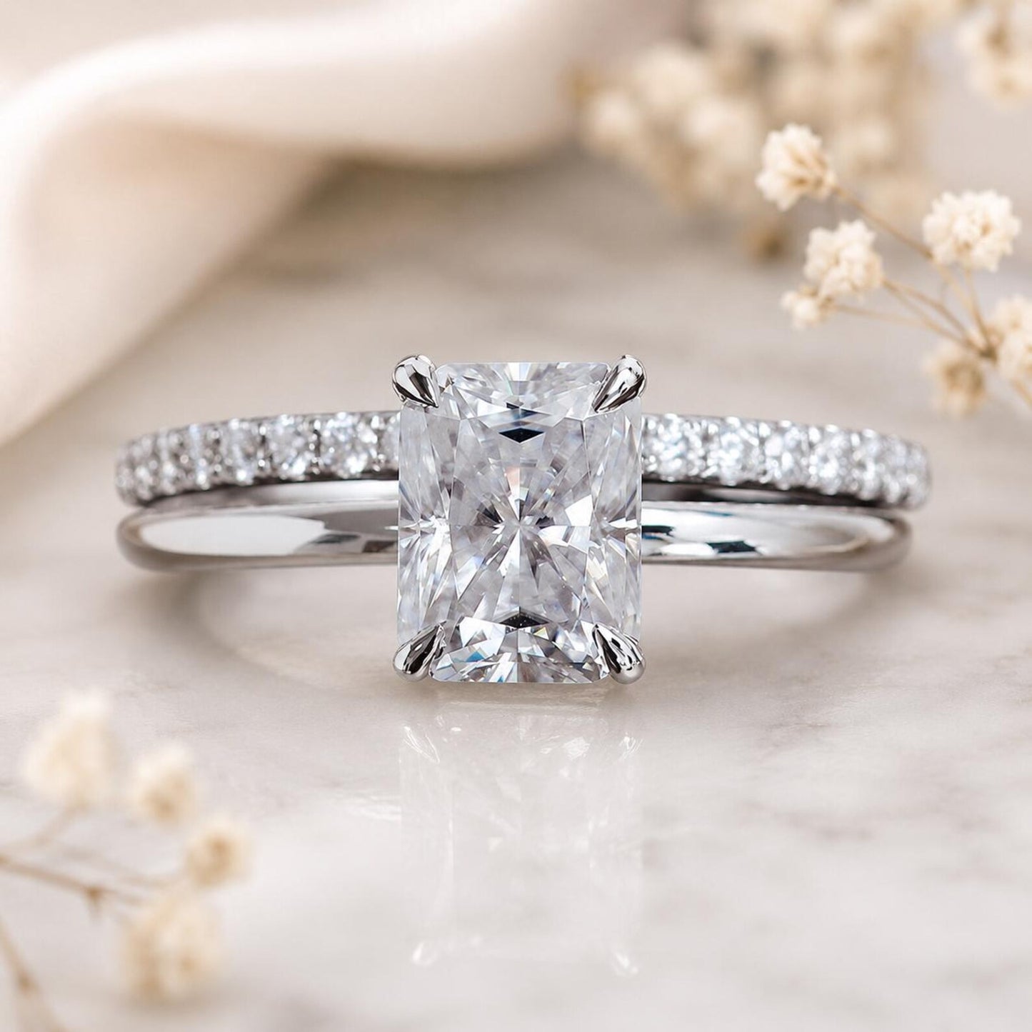 Emerald Cut Moissanite Bridal Ring, Diamond Accent Engagement Ring