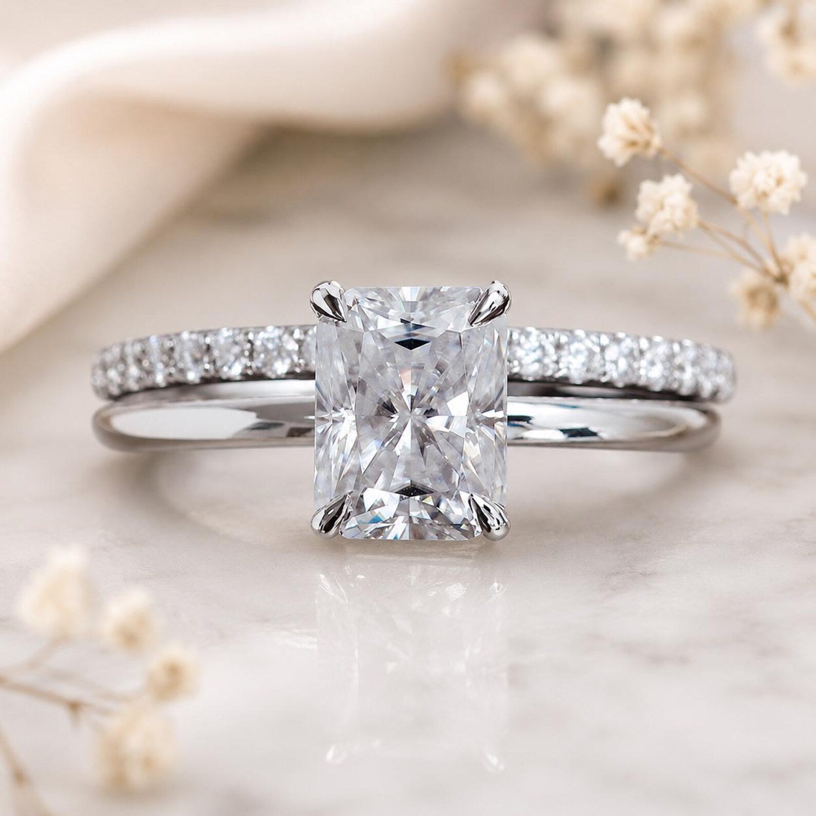 Emerald Cut Moissanite Bridal Ring, Diamond Accent Engagement Ring