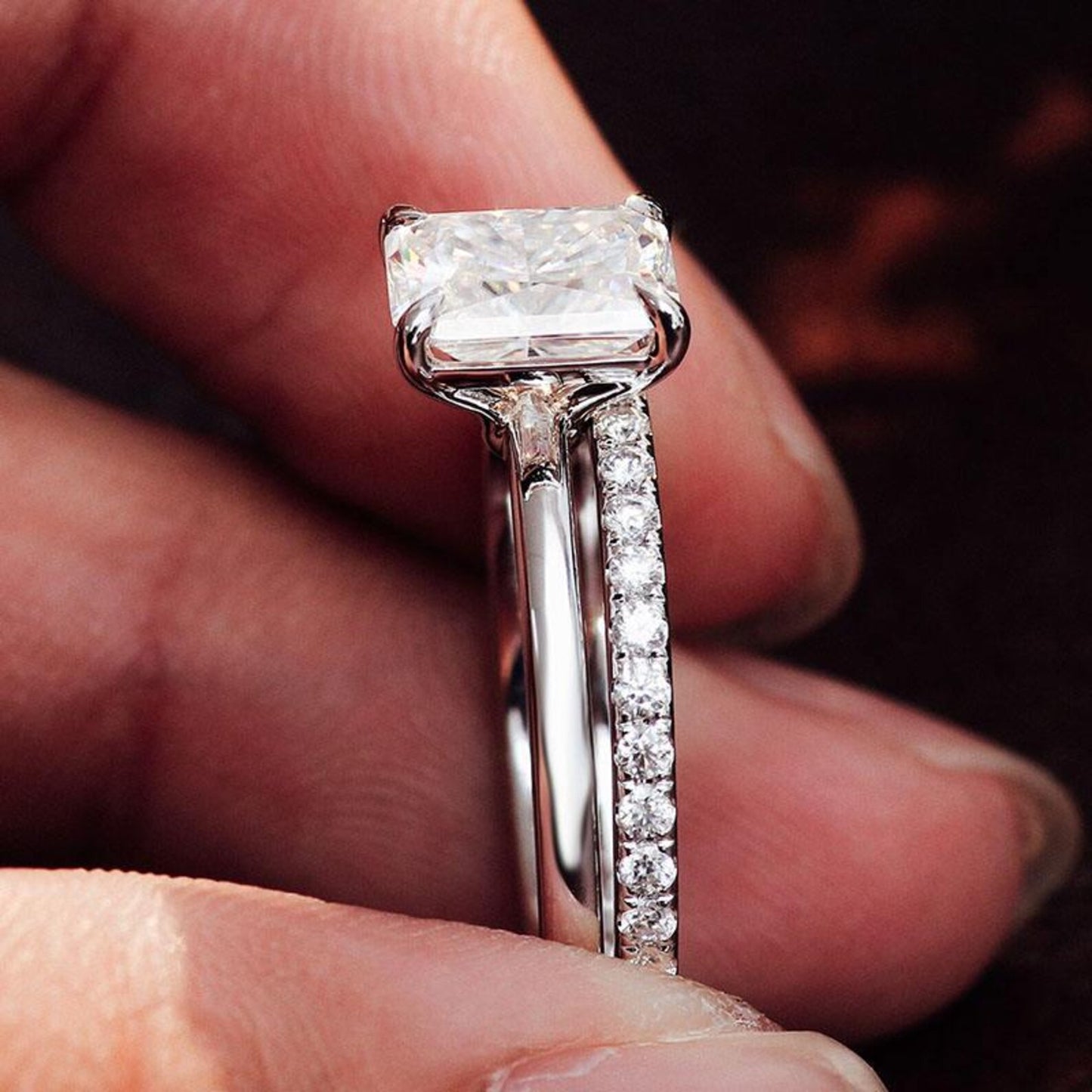 Emerald Cut Moissanite Bridal Ring, Diamond Accent Engagement Ring