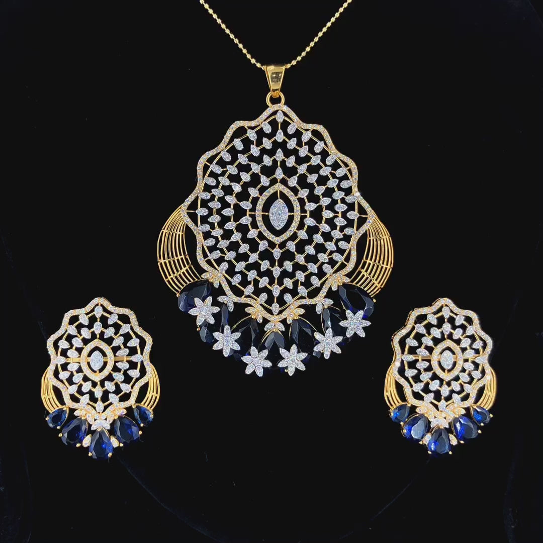 Luxury Blue Stone Bridal Jewelry Set, Pendant Necklace Earrings, Lab Grown Diamonds