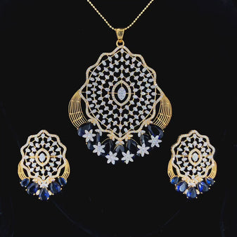 Luxury Blue Stone Bridal Jewelry Set, Pendant Necklace Earrings, Lab Grown Diamonds